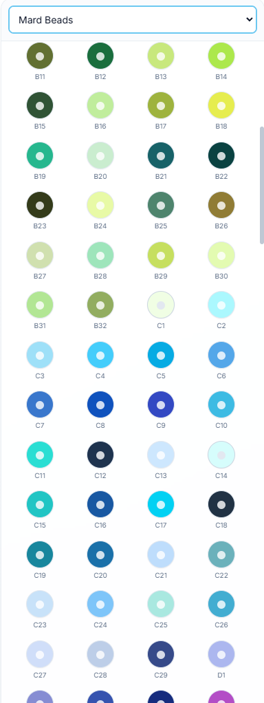 The BeadsCanvas editor palette with Mard Beads color swatches and color codes